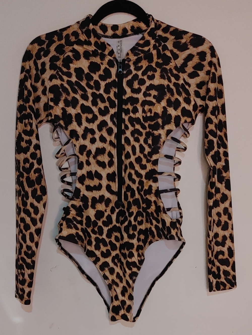 Leopard Print Long-Sleeve One-Piece Swimsuit Open Side